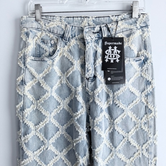 NWT Supermade High Rise Star Patch Rhombus Distressed Denim Straight Leg Jeans L - Picture 4 of 16